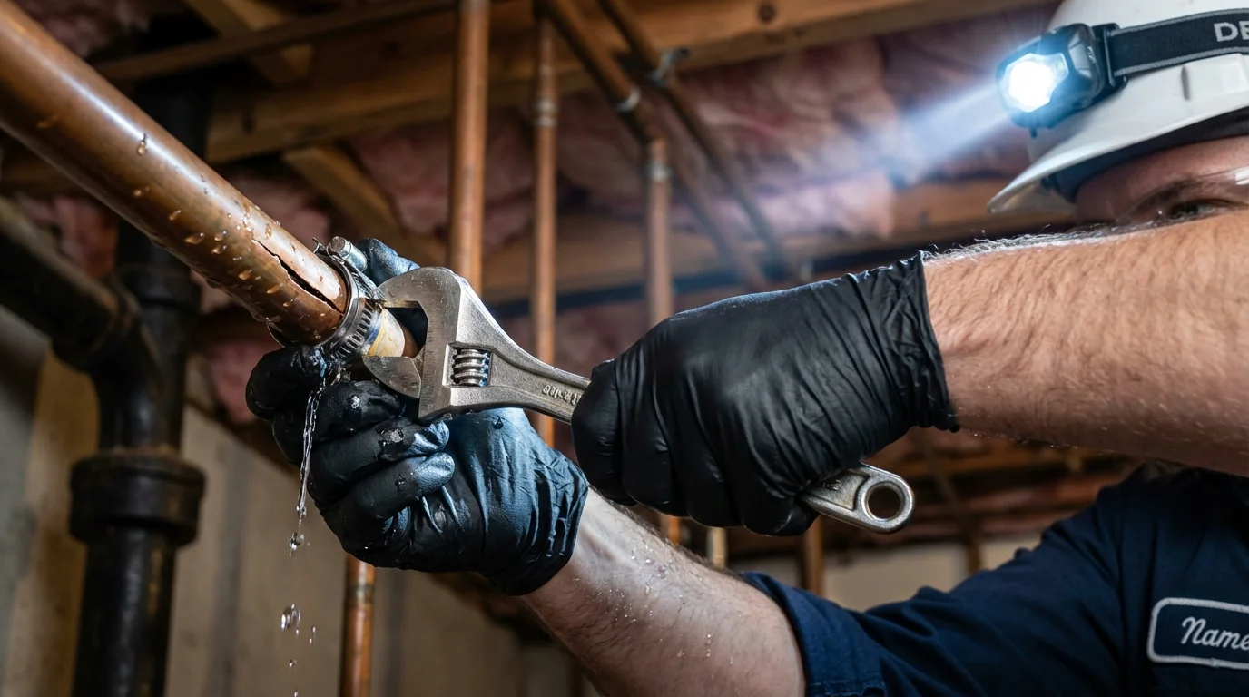 Emergency pipe clamp repair being performed by a Johns Plumbing LLC plumber in Jewell