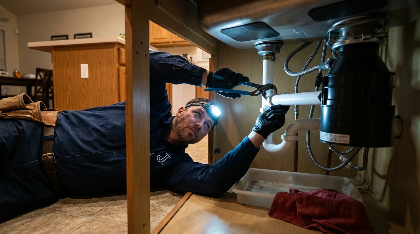 P-trap and supply line connections under a kitchen sink showing a common leak point in Jewell, IA